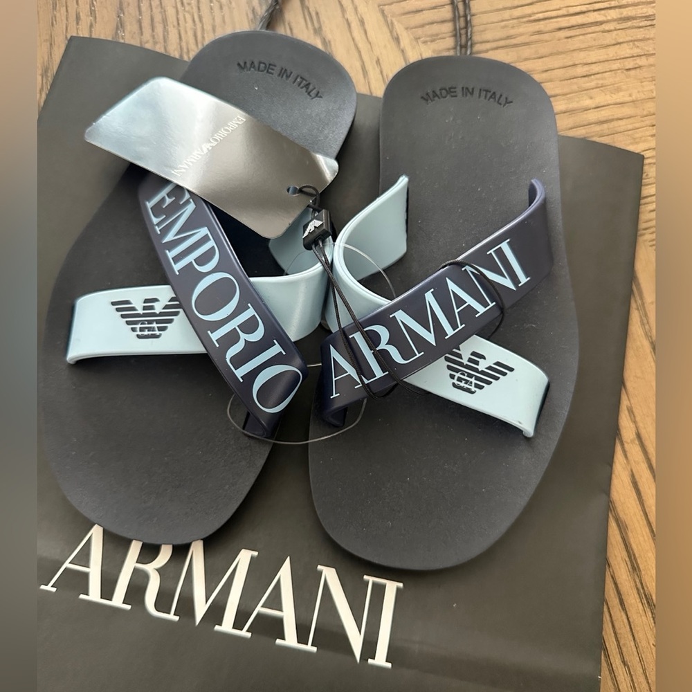 Emporio Armani Black and Light Blue Flip Flops